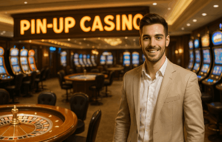 Un joven jugador sonriente de pie en un casino Pin-Up en Honduras, con una ruleta en primer plano y varias máquinas tragamonedas iluminadas al fondo en un ambiente elegante y moderno
