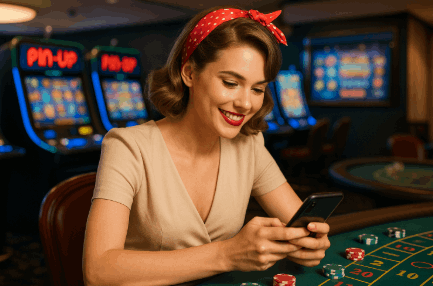 Una joven mujer sonriente en un casino Pin-Up en Honduras, sentada junto a una mesa de ruleta con fichas, usando su teléfono móvil mientras al fondo brillan las máquinas tragamonedas