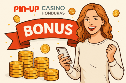 Ilustración promocional de Pin-Up Casino Honduras con una joven sonriente sosteniendo un teléfono móvil, rodeada de monedas doradas y un gran cartel rojo con la palabra BONUS en un estilo moderno y luminoso